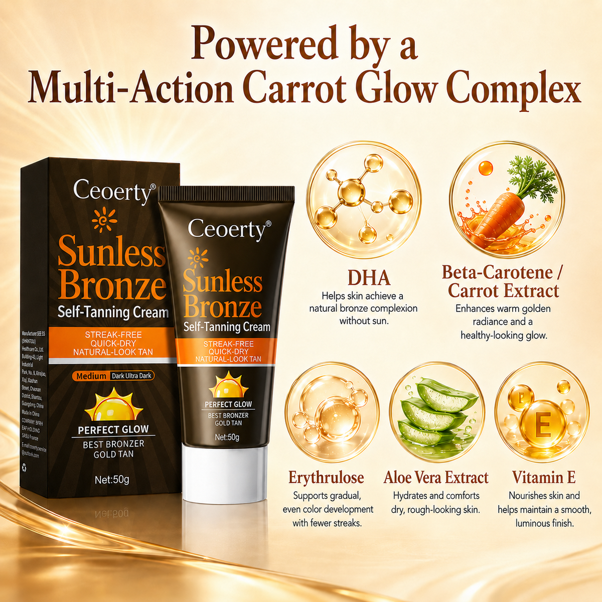 Ceoerty® Sunless Bronze Self-Tanning Cream🥕✨No-Sun Natural Bronze Glow with DHA + Beta-Carotene for Streak-Free, Non-Orange, Hydrating Tan & Smoother-Looking Uneven Skin🔥（A）